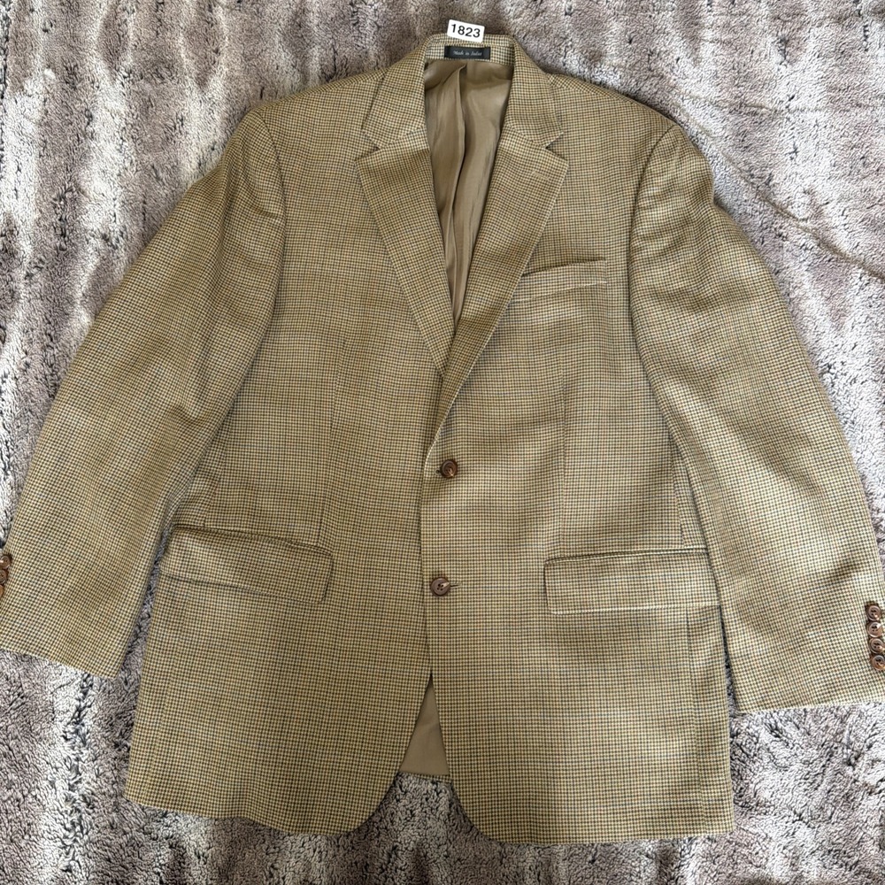 Lauren Ralph Lauren Wool Silk Blend Sport Coat Jacket Blazer Tan Houndstooth 42R